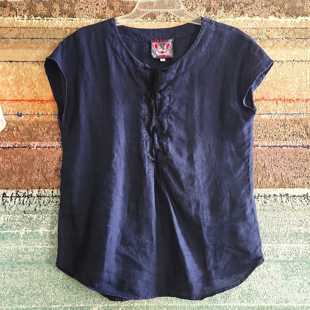 Johnny Was Linen Lagenlook Lace Up Peasant Top Medieval Blue